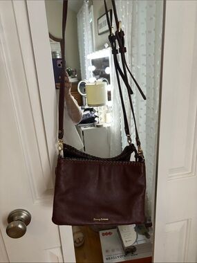 Tommy Bahama Dark Maroon/Brown Leather Crossbody with Braided Trim